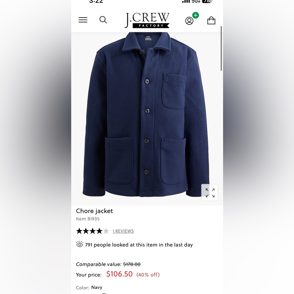 J. Crew Chore Jacket Men’s L Navy